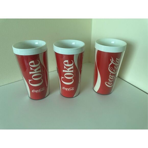 Vintage COCA COLA LOGO Thermo Serv Coke INSULATED TUMBLER CUP Soda Pop USA x 3 - Picture 1 of 8